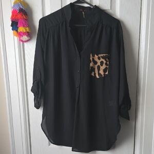 NWOT Black Blouse with Leopard Print Pocket